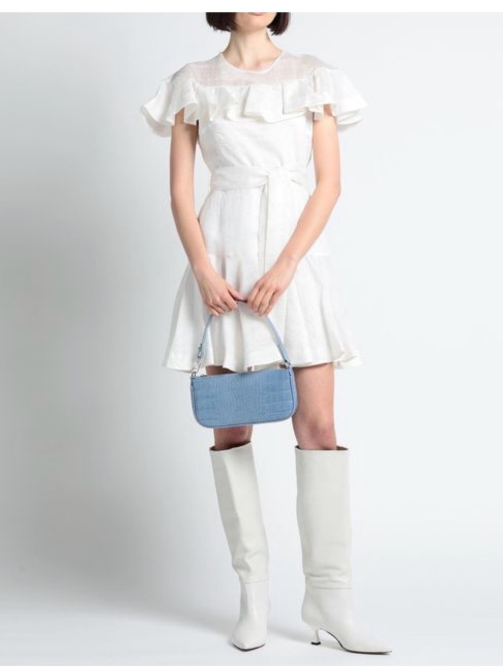 Sandro White Ruffle-Sleeve Mini Dress with Waist Tie